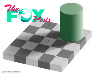 A green cylinder sits atop a black-and-white checkerboard, casting a shadow over it. One checkerboard square is labeled "A" and another is labeled "B." "A" appears darker than "B," despite actually being the same shade