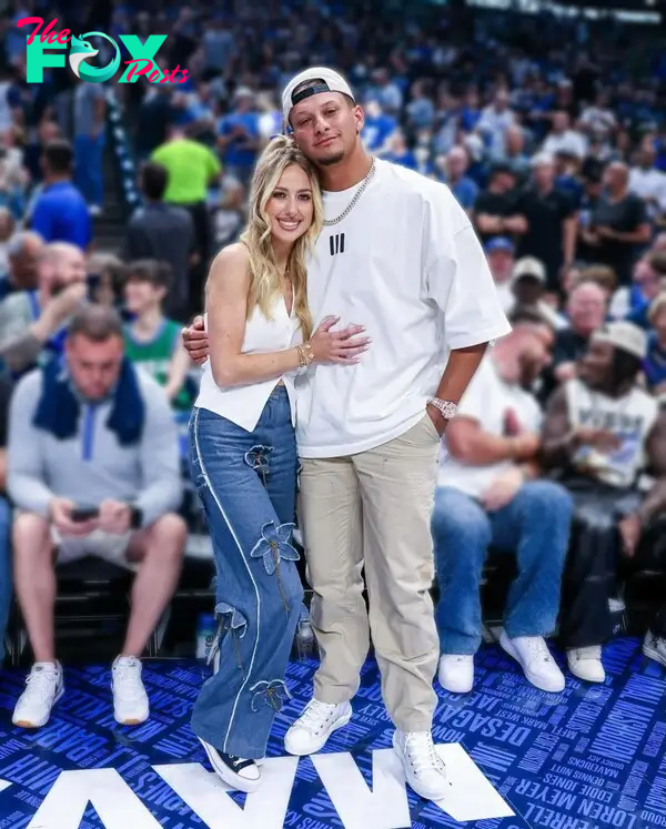 Brittany Mahomes wears floral embellished jeans to the NBA playoffs