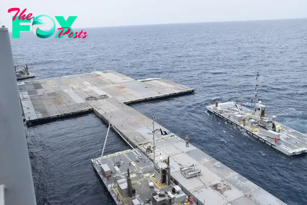 An April 2024 photo shows the construction of the pier that will support USAID and humanitarian partners to receive and deliver humanitarian aid to the people of Gaza.