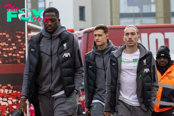 NOTTINGHAM, ENGLAND - Saturday, March 2, 2024: Liverpool's Ibrahima Konaté (L) and Kostas Tsimikas (R) arrive before the FA Premier League match between Nottingham Forest FC and Liverpool FC at the City Ground. Liverpool won 1-0. (Photo by David Rawcliffe/Propaganda)