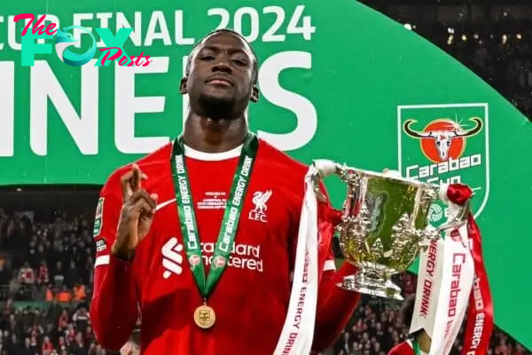 LONDON, ENGLAND - Sunday, February 25, 2024: Liverpool's Ibrahima Konaté celebrates with the trophy after the Football League Cup Final match between Chelsea FC and Liverpool FC at Wembley Stadium. Liverpool won 1-0 after extra-time. (Photo by Peter Powell/Propaganda)