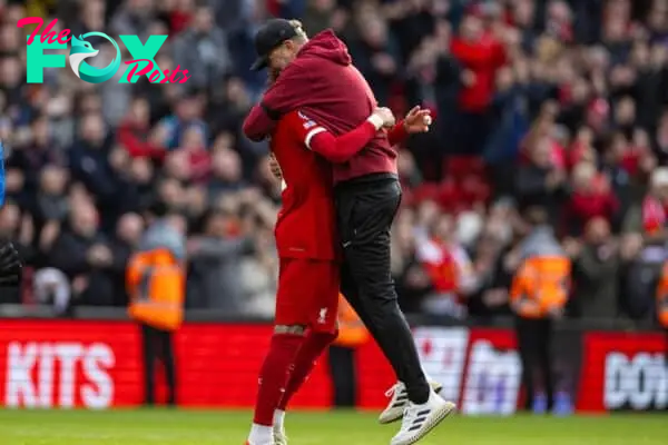 LIVERPOOL, ENGLAND - Saturday, October 21, 2023: Liverpool's manager Jürgen Klopp (R) celebrates with Darwin Núñez after the FA Premier League match between Liverpool FC and Everton FC, the 243rd Merseyside Derby, at Anfield. (Photo by David Rawcliffe/Propaganda)