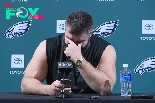 Jason Kelce sitting at his retirement speech