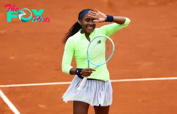 Coco Gauff of the U.S. reacts after winning her first round match against Russia's Julia Avdeeva