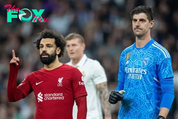 MADRID, SPAIN - Wednesday, March 15, 2023: Liverpool's Mohamed Salah (L) and Real Madrid's goalkeeper Thibaut Courtois during the UEFA Champions League Round of 16 2nd Leg game between Real Madrid CF and Liverpool FC at the Estadio Santiago Bernabéu. (Pic by David Rawcliffe/Propaganda)