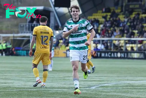 Paulo Bernardo of Celtic celebrates scoring his teams second goal during the Cinch Scottish Premiership match between Livingston FC and Celtic FC a...