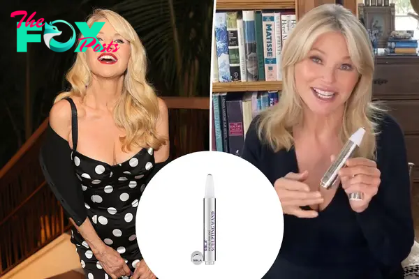 Christie Brinkley in a polka dot dress, split with her holding an SBLA beauty wand (also inset)