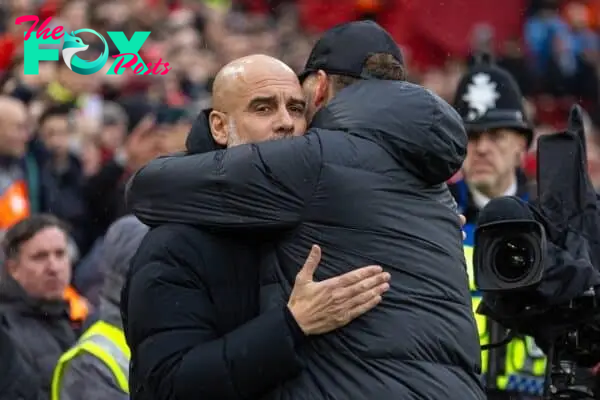 LIVERPOOL, ENGLAND - Sunday, March 10, 2024: Manchester City's manager Josep 'Pep' Guardiola (L) and Liverpool's manager Jürgen Klopp before the FA Premier League match between Liverpool FC and Manchester City FC at Anfield. (Photo by David Rawcliffe/Propaganda)