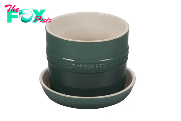 A green Le Creuset planter