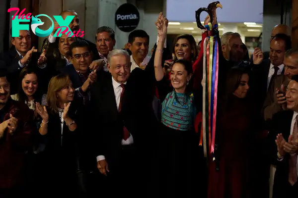 Sheinbaum receives the baton of command from Andres Manuel Lopez Obrador, president of Mexico, at the facilities of the Porrua bookstore in Mexico City on Sept. 07, 2023.