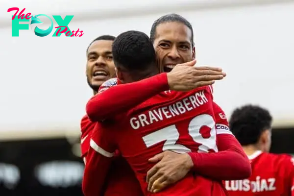 LONDON, ENGLAND - Sunday, April 21, 2024: Liverpool's Ryan Gravenberch (#38) celebrates with team-mates after scoring the second goal during the FA Premier League match between Fulham FC and Liverpool FC at Craven Cottage. (Photo by David Rawcliffe/Propaganda)