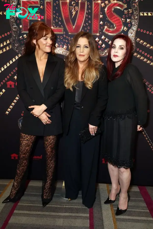 Riley Keough, Lisa Marie Presley and Priscilla Presley wear black at movie screening.