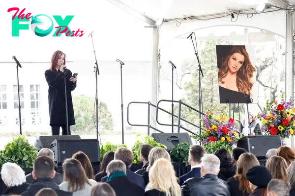 Priscilla Presley talks to the crowd at the memorial at Graceland for Lisa Marie Presley in January 2023.