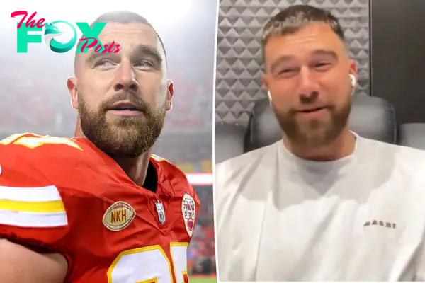 A split photo of Travis Kelce in his football uniform and Travis Kelce talking on a podcast