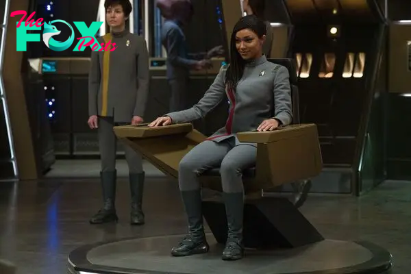 Burnham (Sonequa Martin-Green) sits in the captain chair in the season 3 finale of Star Trek: Discovery