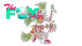 A drawing of the Aztec god Huitzilopochtli. He is depicted mid dance, one foot up, one foot down (bells around both ankles) and both hands out in front – one hand holding a staff and the other a decorated shield. He is wearing an elaborate headdress made out of long, green strands. He also has a cloak that looks like a bird’s head and with long green feathers.