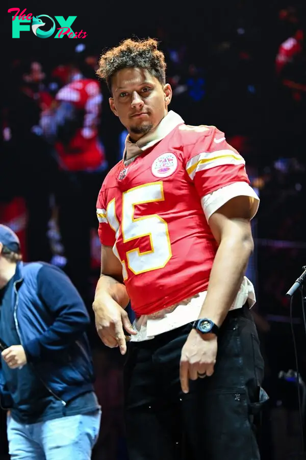 Patrick Mahomes on stage at a charity event