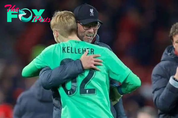 LIVERPOOL, ENGLAND - Wednesday, October 30, 2019: Liverpool's manager Jürgen Klopp celebrates with goalkeeper Caoimhin Kelleher after the Football League Cup 4th Round match between Liverpool FC and Arsenal FC at Anfield. Liverpool won 5-4 on penalties after a 5-5 draw. (Pic by David Rawcliffe/Propaganda)