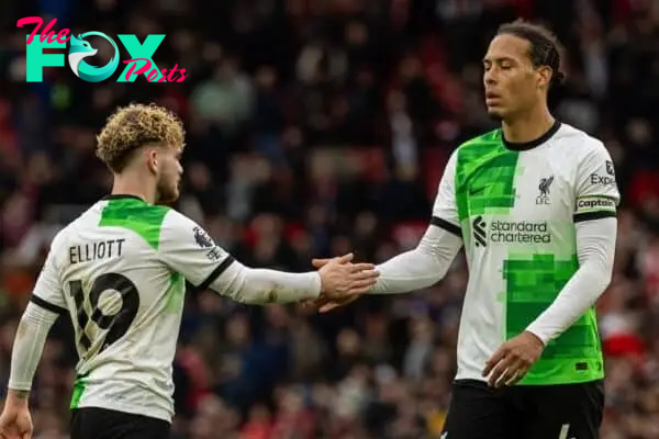 MANCHESTER, ENGLAND - Sunday, April 7, 2024: Liverpool's captain Virgil van Dijk (R) and Harvey Elliott dejected after the FA Premier League match between Manchester United FC and Liverpool FC at Old Trafford. The game ended in a 2-2 draw.(Photo by David Rawcliffe/Propaganda)