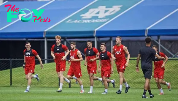 SOUTH BEND, INDIANA, USA - Thursday, July 18, 2019: Liverpool players during a training session ahead of the friendly match against Borussia Dortmund at the Notre Dame Stadium on day three of the club's pre-season tour of America. Andy Robertson, Sepp van den Berg, Adam Lallana, Ki-Jana Hoever, Bobby Duncan, captain Jordan Henderson. (Pic by David Rawcliffe/Propaganda)