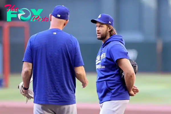 PHOENIX, ARIZONA - OCTOBER 11: Clayton Kershaw #22 of the Los Angeles Dodgers looks on before Game Three of the Division Series against the Arizona Diamondbacks at Chase Field on October 11, 2023 in Phoenix, Arizona.   Elsa/Getty Images/AFP (Photo by ELSA / GETTY IMAGES NORTH AMERICA / Getty Images via AFP)