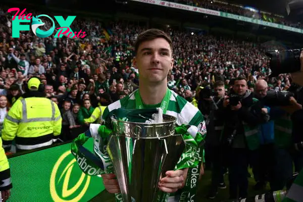 Kieran Tierney of Celtic with the League Trophy during the Ladbrokes Scottish Premiership match between Celtic FC and Heart of Midlothian FC at Cel...