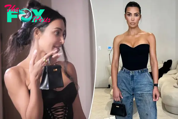 A split photo of Kim Kardashian holding a purse and Kim Kardashian posing for a photo