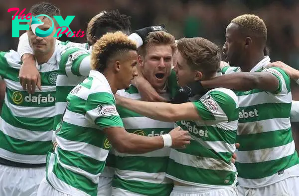 Stuart Armstrong of Celtic is congratulated by team mates after he scores the opening goal during the Ladbrokes Scottish Premiership match between ...