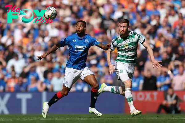 Danilo of Rangers battles for possession with Anthony Ralston of Celtic during the Cinch Scottish Premiership match between Rangers FC and Celtic F...