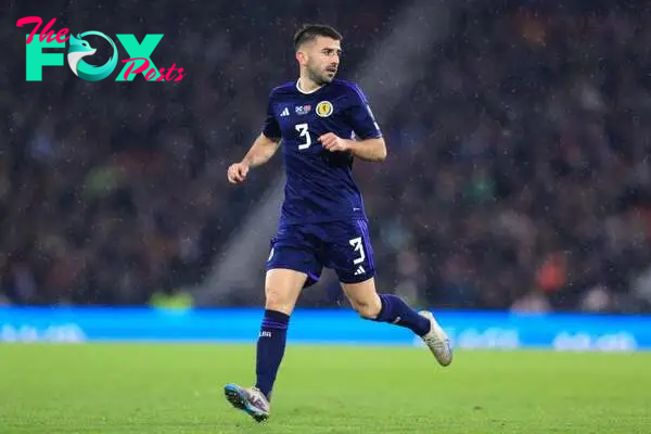 Greg Taylor of Scotland during the UEFA EURO 2024 European qualifier Group A match between Scotland and Norway at Hampden Park on November 19, 2023...