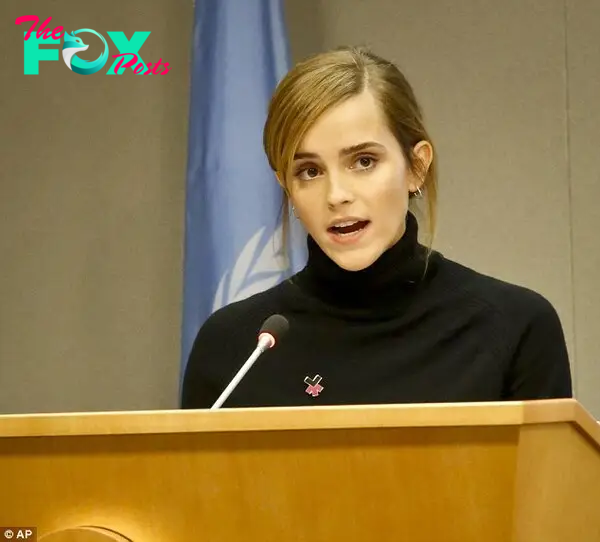 Eco-conscious: Emma looked like she meant business as she presented her report, dressed entirely in custom-made, sustainable fashion