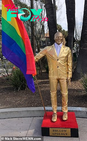A statue of Kevin Hart (pictured) holding a rainbow flag has been placed near the Dolby Theatre in reference to the scandal which led to him stepping down as host of the 2019 Oscars