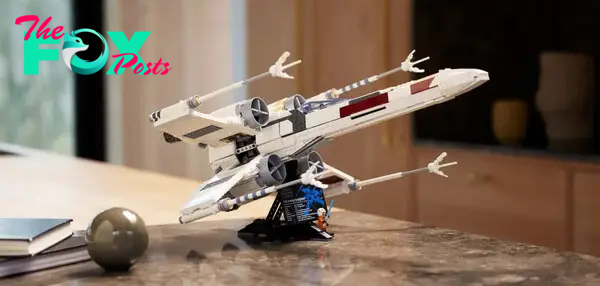 A stock photo of the Lego X-Wing