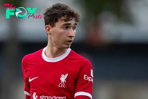 LIVERPOOL, ENGLAND - Monday, August 14, 2023: Liverpool's Mateusz Musialowski looks on during the Premier League 2 Division 1 match between Liverpool FC Under-21's and Everton FC Under-21's, the Mini-Merseyside Derby, at the Liverpool Academy. (Pic by Jessica Hornby/Propaganda)