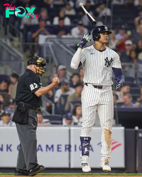 Jun 5, 2024; Bronx, New York, USA; New York Yankees right fielder Juan Soto (22) reacts after striking out during the eighth inning against the Minnesota Twins at Yankee Stadium. Mandatory Credit: Vincent Carchietta-USA TODAY Sports