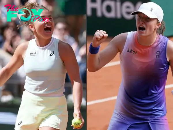 (COMBO) This combination of pictures created on June 6, 2024, shows (L) Italy's Jasmine Paolini celebrating after winning against Kazakhstan's Elena Rybakina at the end of their women's singles quarter final match on Court Philippe-Chatrier on day eleven of the French Open tennis tournament at the Roland Garros Complex in Paris on June 5, 2024, Poland's Iga Swiatek celebrates after winning against US Coco Gauff at the end of their women's singles semi final match on Court Philippe-Chatrier on day twelve of the French Open tennis tournament at the Roland Garros Complex in Paris on June 6, 2024. Jasmine Paolini will play Iga Swiatek in the French Open final after the Italian 12th seed ended the run of 17-year-old Russian sensation Mirra Andreeva in the last four on June 6, 2024, winning 6-3, 6-1. (Photo by ALAIN JOCARD and Dimitar DILKOFF / AFP)
