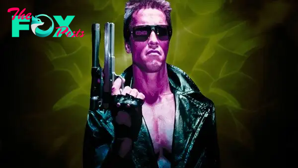 Arnold Schwarzenegger holding a gun in The Terminator over and image from Terminator Zero.