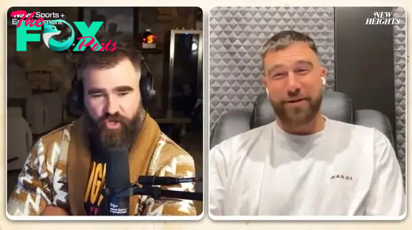 Travis Kelce and Jason Kelce speaking on their podcast