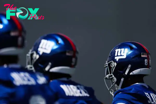 A general view of New York Giants helmets