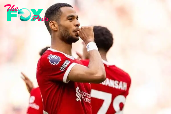 LIVERPOOL, ENGLAND - Sunday, May 5, 2024: Liverpool's Cody Gakpo celebrates after scoring his side's third goal during the FA Premier League match between Liverpool FC and Tottenham Hotspur FC at Anfield. Liverpool won 4-2. (Photo by Ryan Brown/Propaganda)