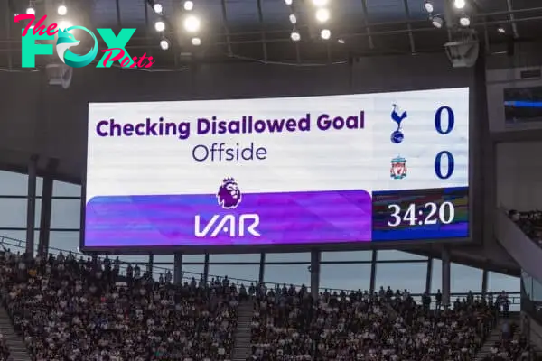 LONDON, ENGLAND - Saturday, September 30, 2023: A goal scored by Liverpool's Luis Díaz, given on the pitch as offside, is mistakenly confiemd by VAR who believe the onfield decision was a goal, during the FA Premier League match between Tottenham Hotspur FC and Liverpool FC at the Tottenham Hotspur Stadium. (Pic by David Rawcliffe/Propaganda)