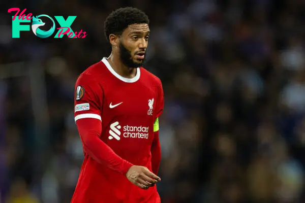 TOULOUSE, FRANCE - Thursday, November 9, 2023: Liverpool's Joe Gomez walks off at half-time with his side losing 1-0 during the UEFA Europa League Group E match-day 4 game between Toulouse FC and Liverpool FC at the Stadium de Toulouse. Toulouse won 3-2. (Photo by David Rawcliffe/Propaganda)
