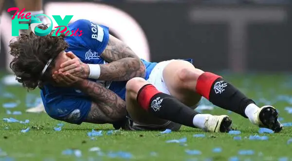 Fabio Silva of Rangers reacts on the floor during the Cinch Scottish Premiership match between Rangers FC and Celtic FC at Ibrox Stadium on April 0...