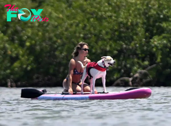 Sydney Sweeney and her dog on a paddle board.