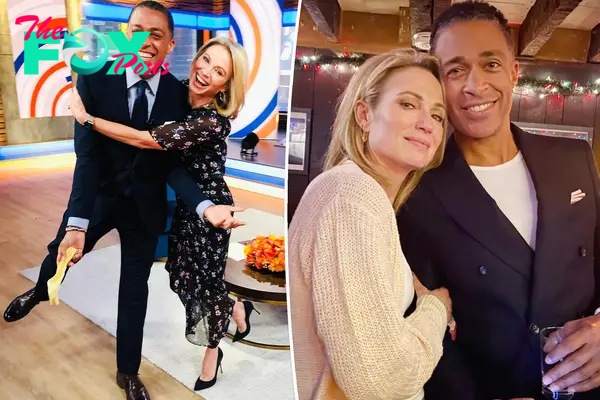 A split photo of TJ Holmes and Amy Robach hugging and Amy Robach cuddling up to TJ Holmes