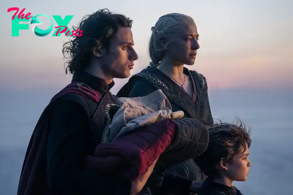 (L-R): Harry Collett as Jacaerys Velaryon, Emma D'Arcy as Rhaenyra Targaryen, and Oscar Eskinazi as Joffrey Velaryon in 'House of the Dragon' Season 2.