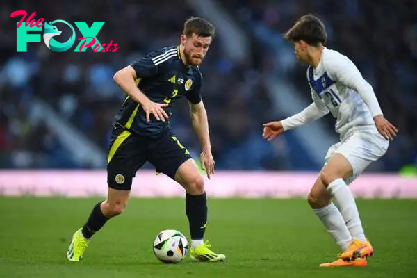 Scotland's defender #02 Anthony Ralston (L) vies with Finland's defender #21 Tomas Galvez (R) during the international friendly football match betw...