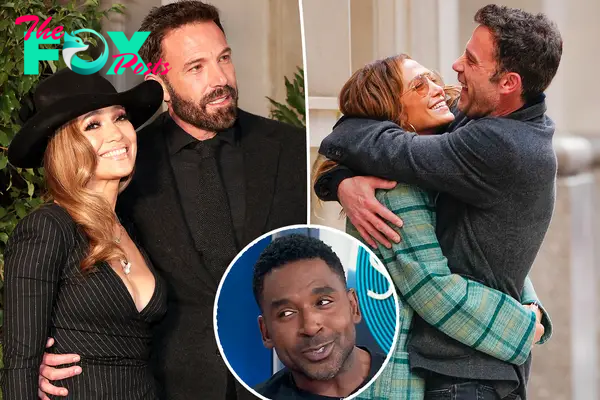 Two split photos of Jennifer Lopez and Ben Affleck hugging and a small photo of Justin Sylvester