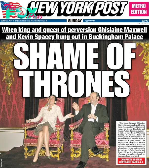 The NY Post's cover of Ghislaine Maxwell and Kevin Spacey sitting on thrones.