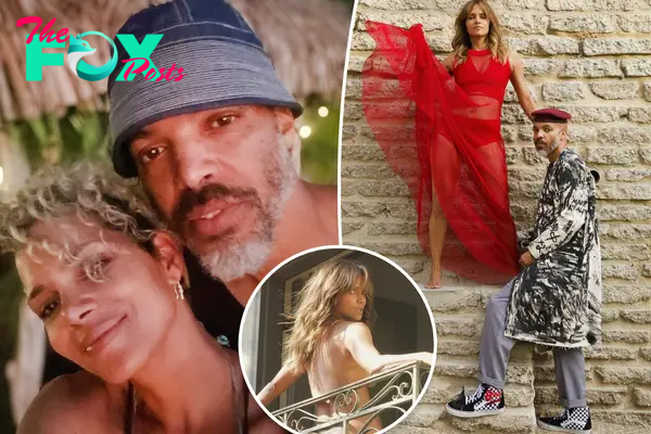 A split photo of a selfie of Halle Berry and Van Hunt and Halle Berry and Van Hunt posing together and a small photo of Halle Berry on a balcony